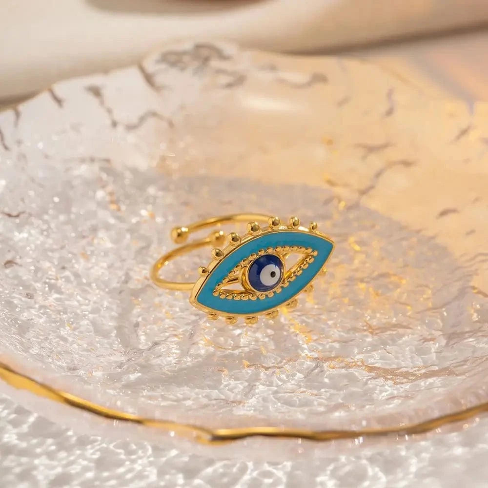 Resizable / R1930 R1930 Luxury Jewelry 18K Gold Plated Evil Eyes Ring Stainless Steel Blue Enamel Eye Adjustable Rings for Women