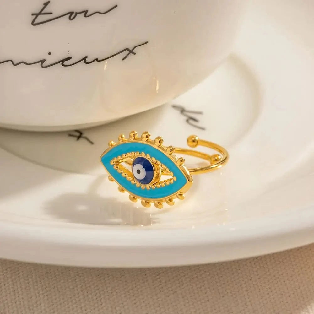 Resizable / R1930 R1930 Luxury Jewelry 18K Gold Plated Evil Eyes Ring Stainless Steel Blue Enamel Eye Adjustable Rings for Women