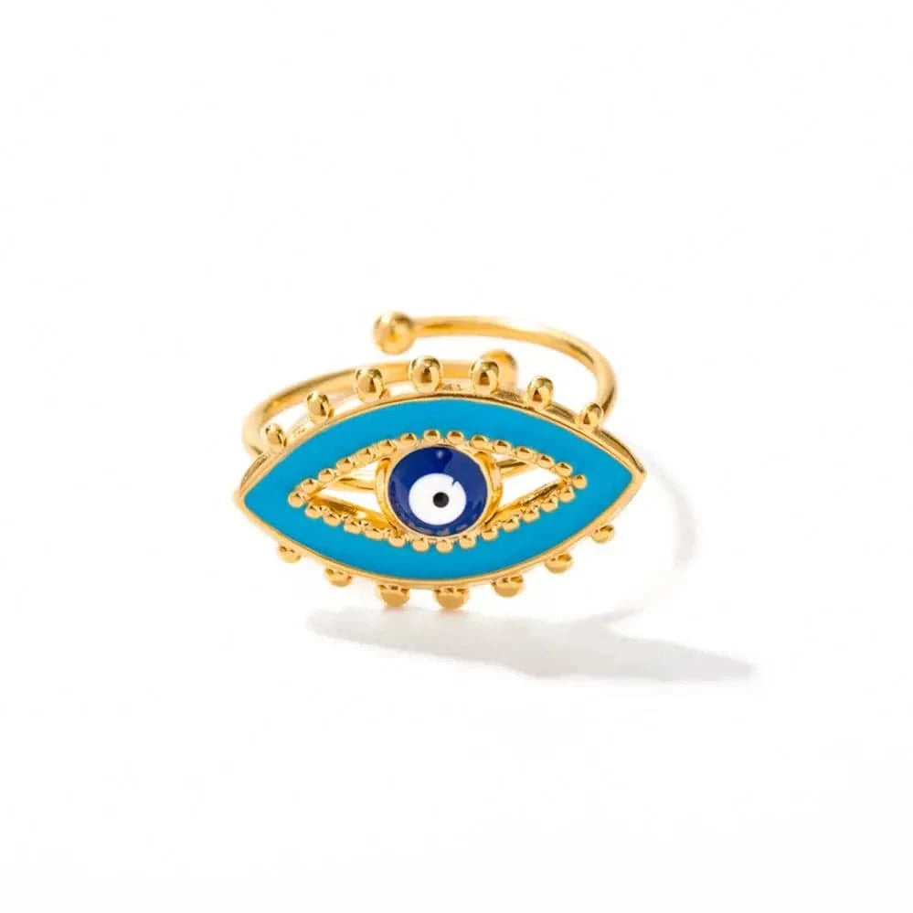 Resizable / R1930 R1930 Luxury Jewelry 18K Gold Plated Evil Eyes Ring Stainless Steel Blue Enamel Eye Adjustable Rings for Women