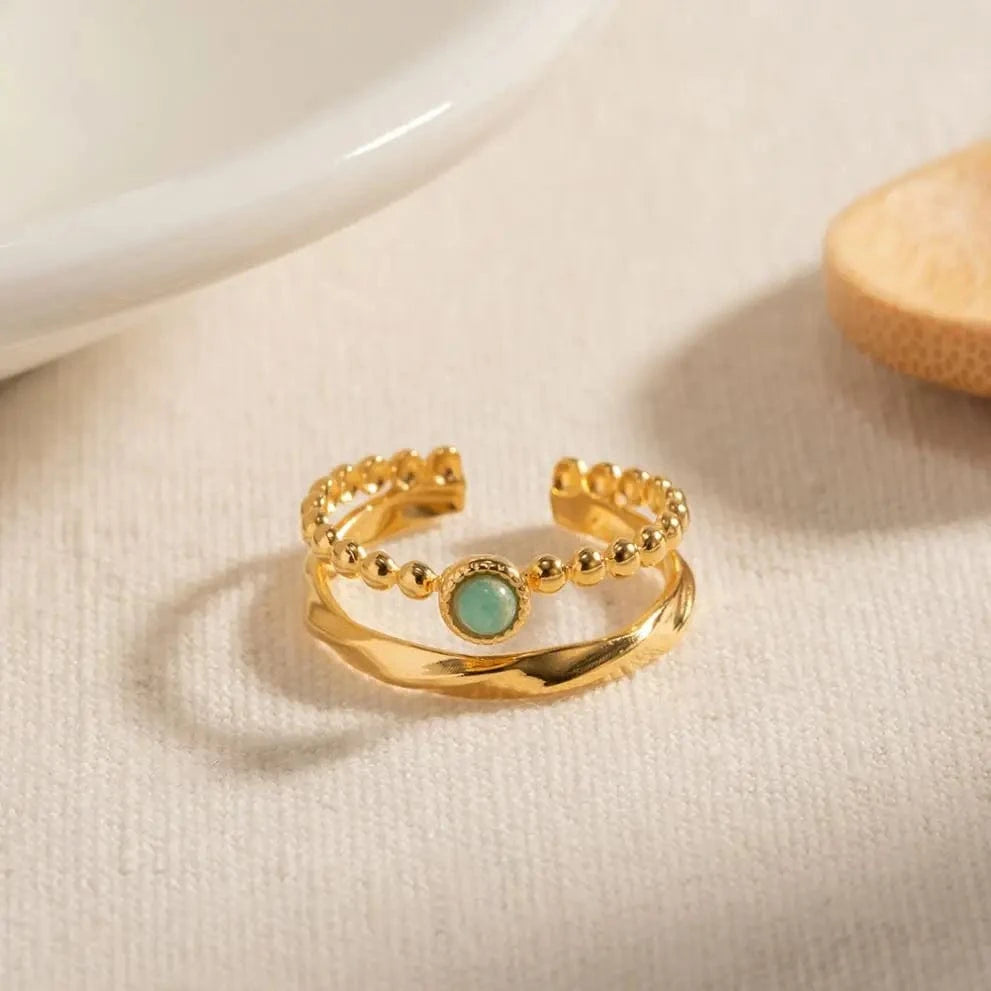 Resizable / R1940 R1940 Stainless Steel 18K Gold Plated Opening Ring Gift Natural Amazon Stone Double Layer Rings for Women