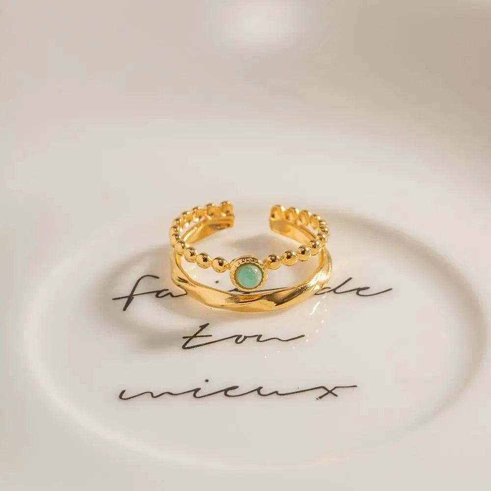 Resizable / R1940 R1940 Stainless Steel 18K Gold Plated Opening Ring Gift Natural Amazon Stone Double Layer Rings for Women