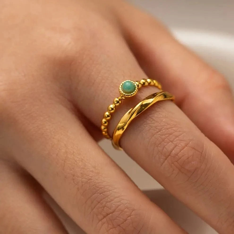Resizable / R1940 R1940 Stainless Steel 18K Gold Plated Opening Ring Gift Natural Amazon Stone Double Layer Rings for Women