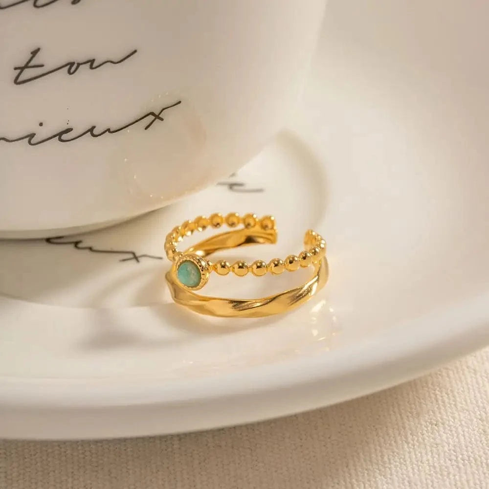 Resizable / R1940 R1940 Stainless Steel 18K Gold Plated Opening Ring Gift Natural Amazon Stone Double Layer Rings for Women