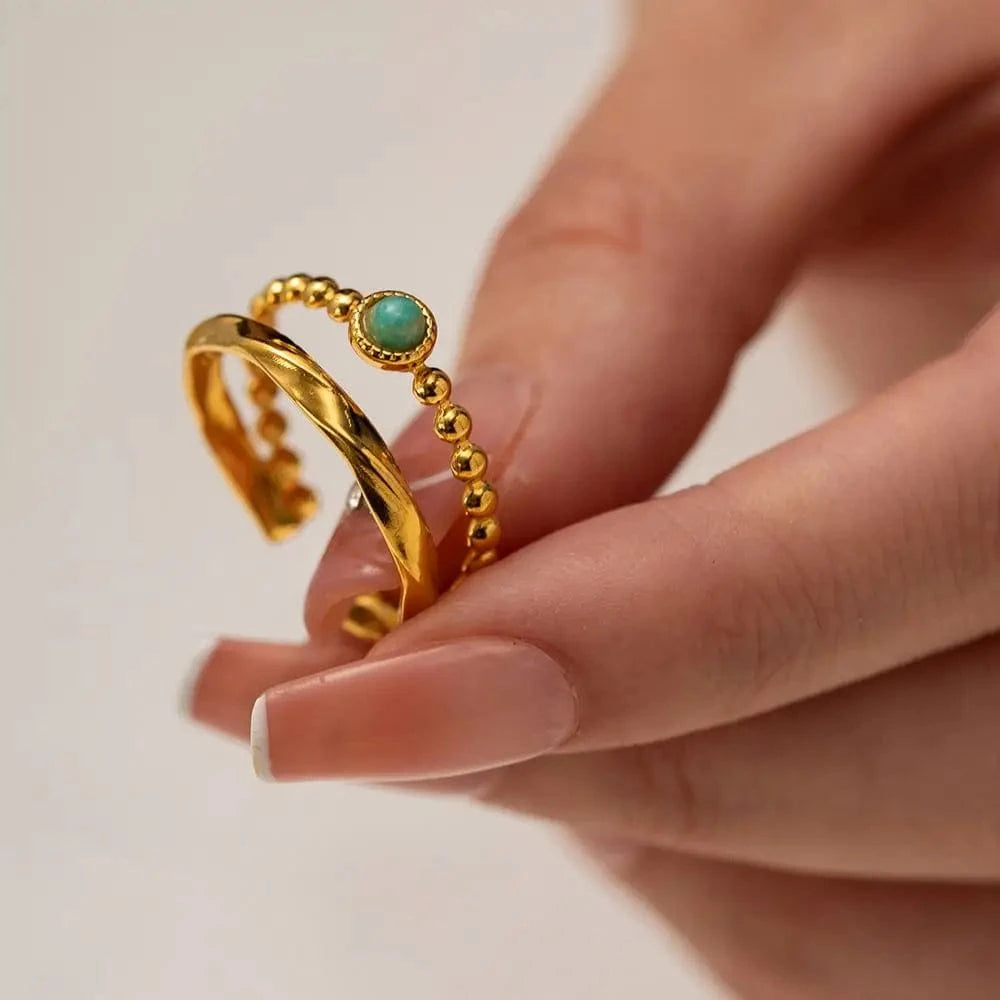 Resizable / R1940 R1940 Stainless Steel 18K Gold Plated Opening Ring Gift Natural Amazon Stone Double Layer Rings for Women