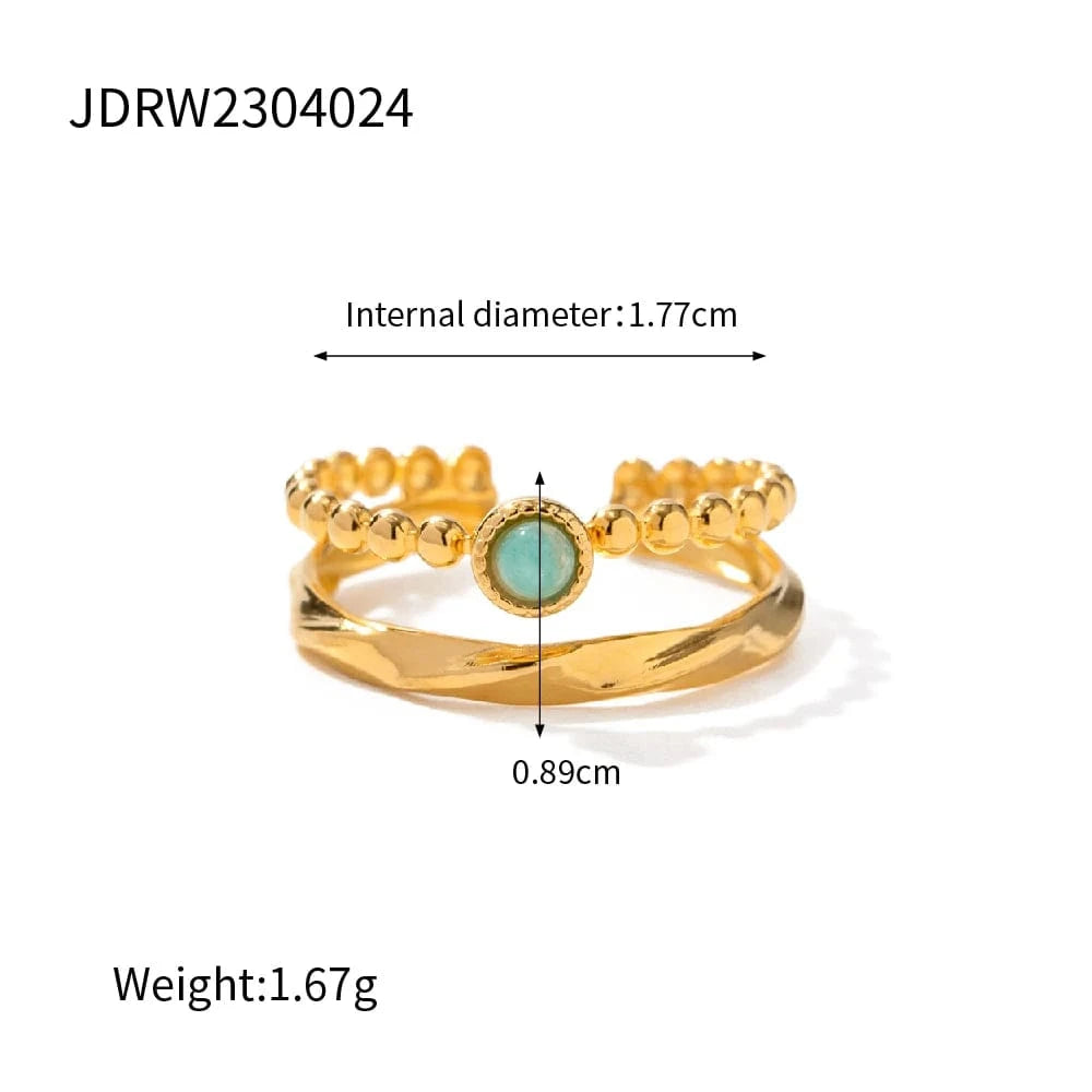 Resizable / R1940 R1940 Stainless Steel 18K Gold Plated Opening Ring Gift Natural Amazon Stone Double Layer Rings for Women