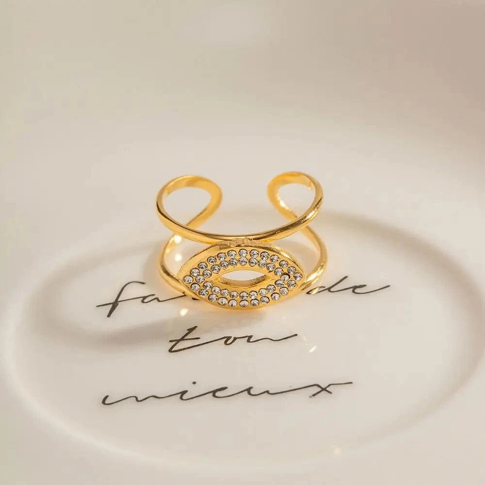 Resizable / R1941 R1941 Dainty 18K Gold Plated Zircon Layered Ring Stainless Steel Double Layer Oval Cubic Zirconia Open Ring for Women