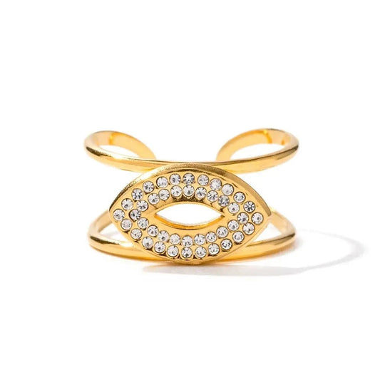 Resizable / R1941 R1941 Dainty 18K Gold Plated Zircon Layered Ring Stainless Steel Double Layer Oval Cubic Zirconia Open Ring for Women