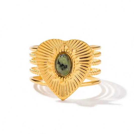Resizable / R1945 R1945 Stainless Steel 18K Gold Plated Opening Ring Gift Mulit Layer Texture Natural African Stone Heart Rings