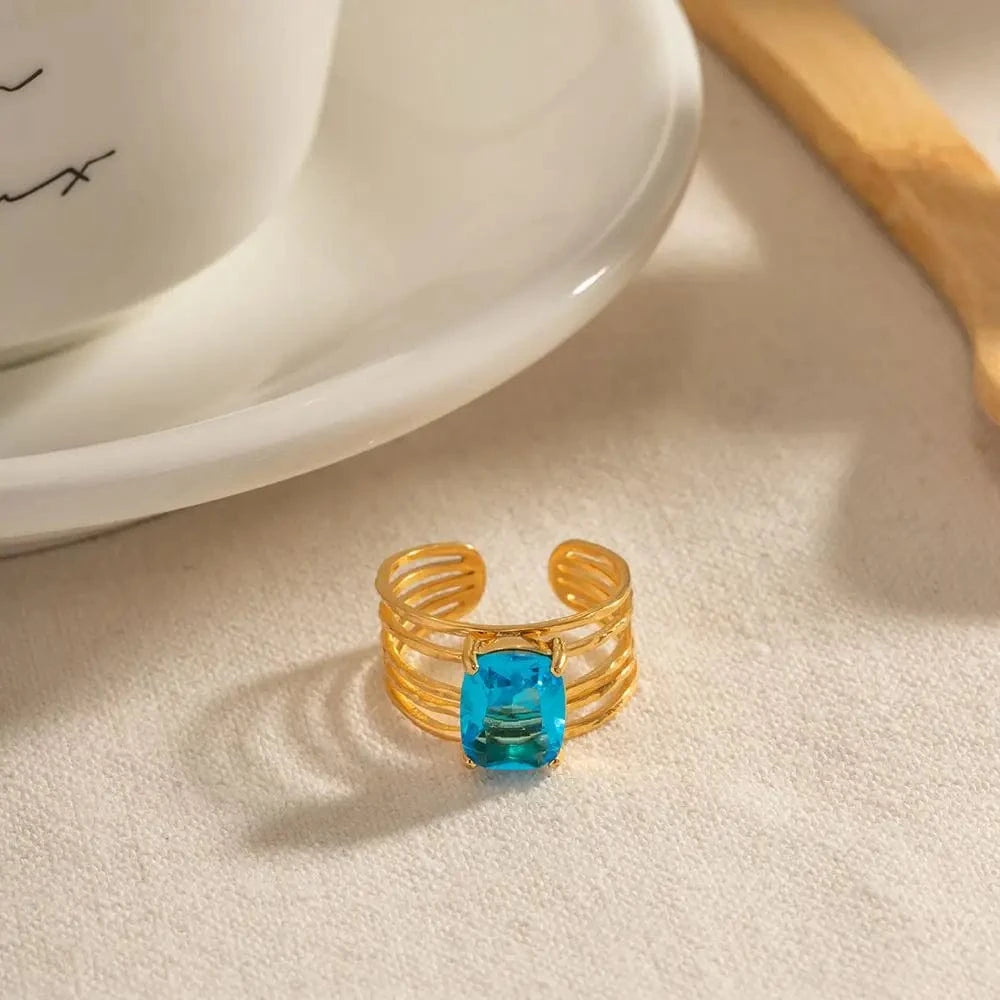 Resizable / R1974 R1974 Trendy 18K Stainless Steel Gold Plated Mulit Layer Ring Aqua Rectangle Cubic Zirconia Hollow Rings