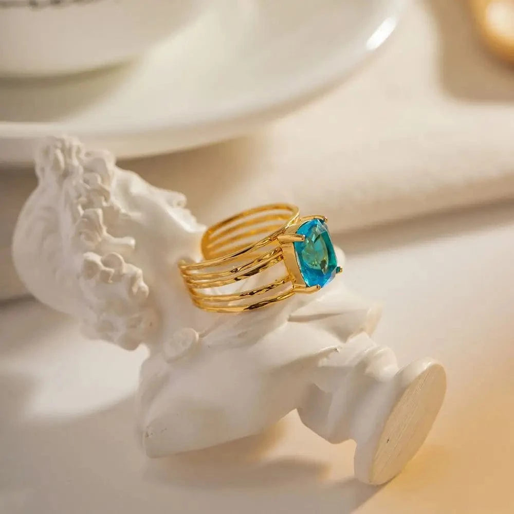 Resizable / R1974 R1974 Trendy 18K Stainless Steel Gold Plated Mulit Layer Ring Aqua Rectangle Cubic Zirconia Hollow Rings