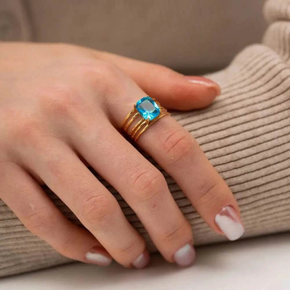 Resizable / R1974 R1974 Trendy 18K Stainless Steel Gold Plated Mulit Layer Ring Aqua Rectangle Cubic Zirconia Hollow Rings