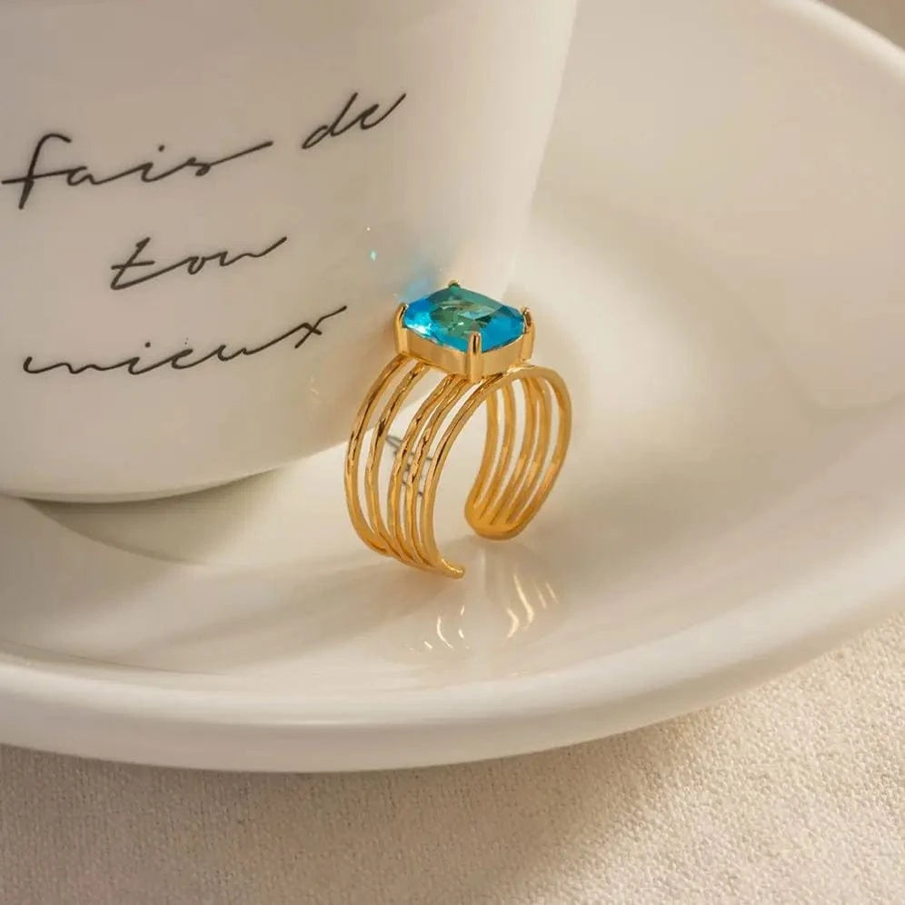 Resizable / R1974 R1974 Trendy 18K Stainless Steel Gold Plated Mulit Layer Ring Aqua Rectangle Cubic Zirconia Hollow Rings