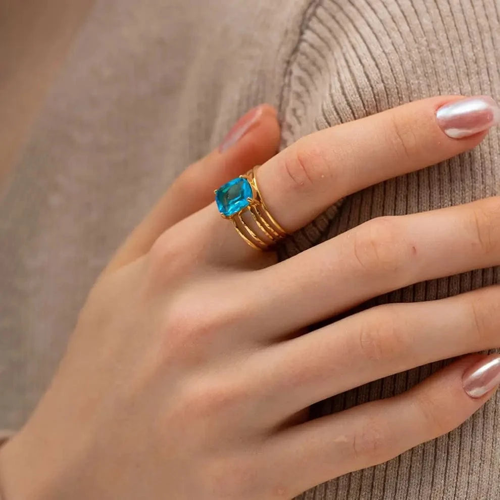 Resizable / R1974 R1974 Trendy 18K Stainless Steel Gold Plated Mulit Layer Ring Aqua Rectangle Cubic Zirconia Hollow Rings