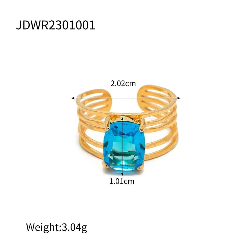 Resizable / R1974 R1974 Trendy 18K Stainless Steel Gold Plated Mulit Layer Ring Aqua Rectangle Cubic Zirconia Hollow Rings