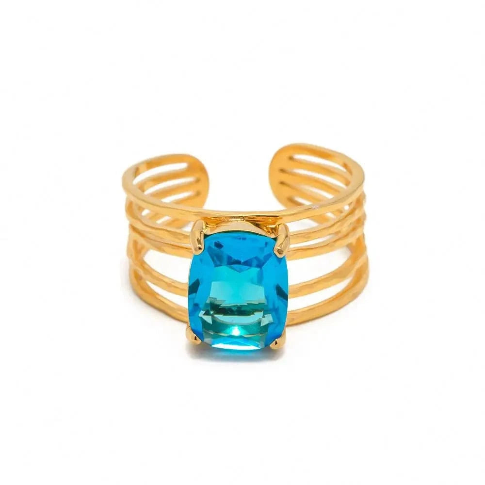 Resizable / R1974 R1974 Trendy 18K Stainless Steel Gold Plated Mulit Layer Ring Aqua Rectangle Cubic Zirconia Hollow Rings