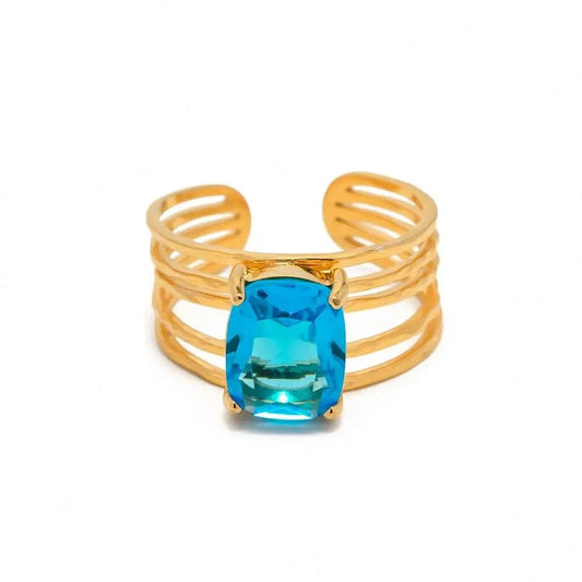 Resizable / R1974 R1974 Trendy 18K Stainless Steel Gold Plated Mulit Layer Ring Aqua Rectangle Cubic Zirconia Hollow Rings