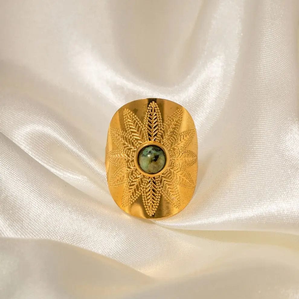 Resizable / R1985 R1985 Vintage Stainless Steel 18K Gold Plated Opening Ring Gift Exaggerate Wide African Turquoise Rings