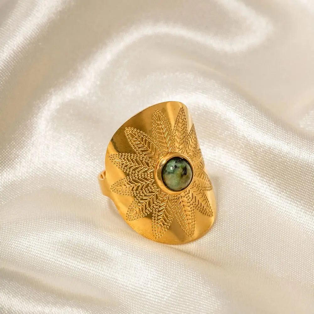 Resizable / R1985 R1985 Vintage Stainless Steel 18K Gold Plated Opening Ring Gift Exaggerate Wide African Turquoise Rings