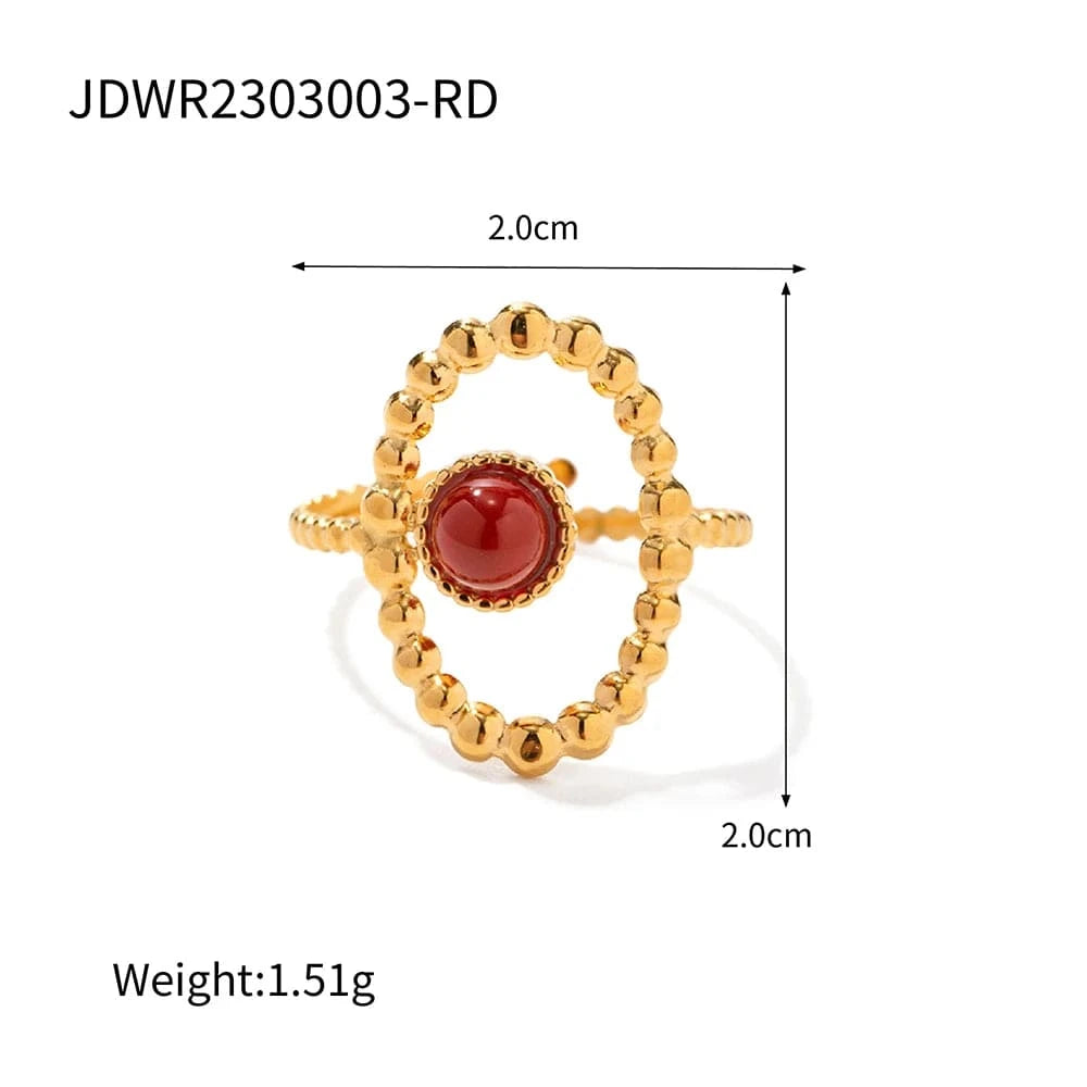 Resizable / R1988-1 R1988 Exaggerated Stainless Steel 18K Gold Plated Opening Jewelry Nature Stone Oval Bead Chain Hollow Rings