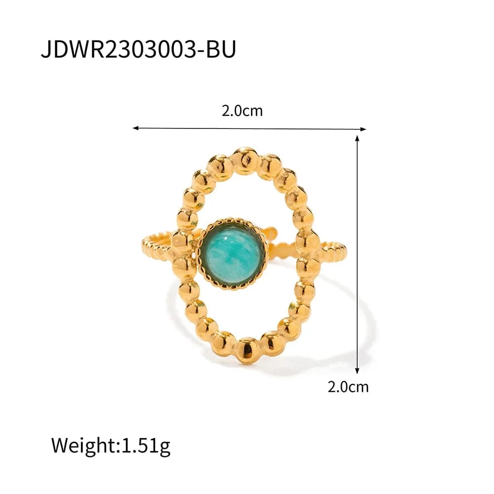 Resizable / R1988-2 R1988 Exaggerated Stainless Steel 18K Gold Plated Opening Jewelry Nature Stone Oval Bead Chain Hollow Rings