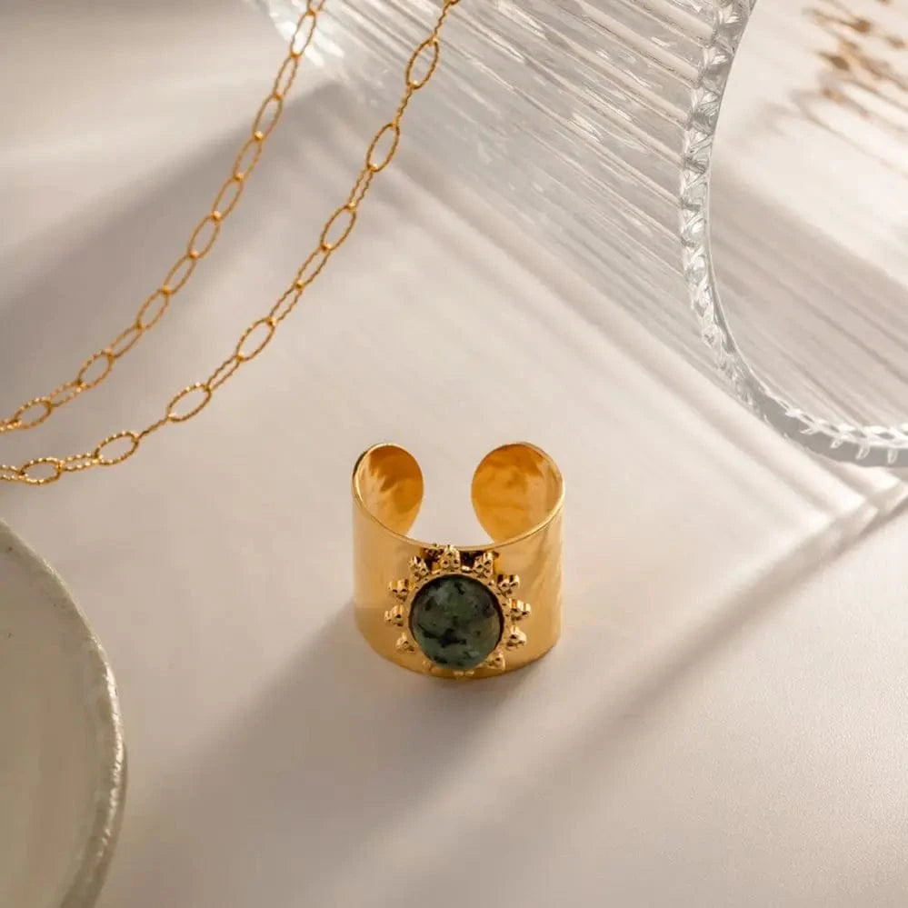 Resizable / R2007 R2007 Trendy Stainless Steel Jewelry Gift Charm 18K Gold Plated Wide Natural African Turquoise Finger Rings