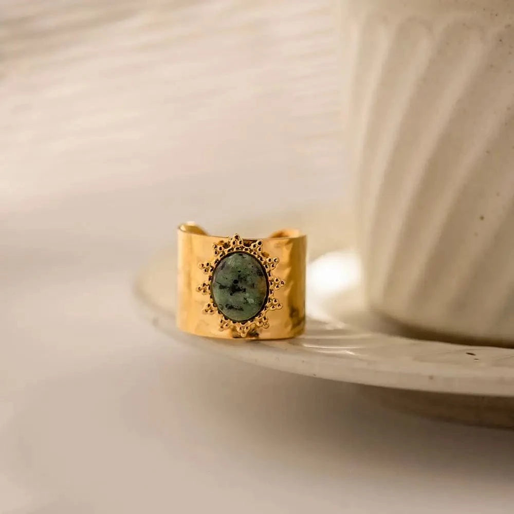 Resizable / R2007 R2007 Trendy Stainless Steel Jewelry Gift Charm 18K Gold Plated Wide Natural African Turquoise Finger Rings