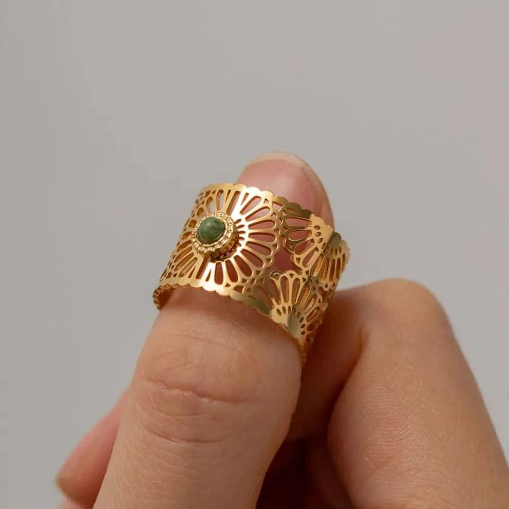 Resizable / R2008 R2008 Trendy Stainless Steel Jewelry Gift Charm 18K Gold Plated Wide Natural Stone Hollow Rings For Women