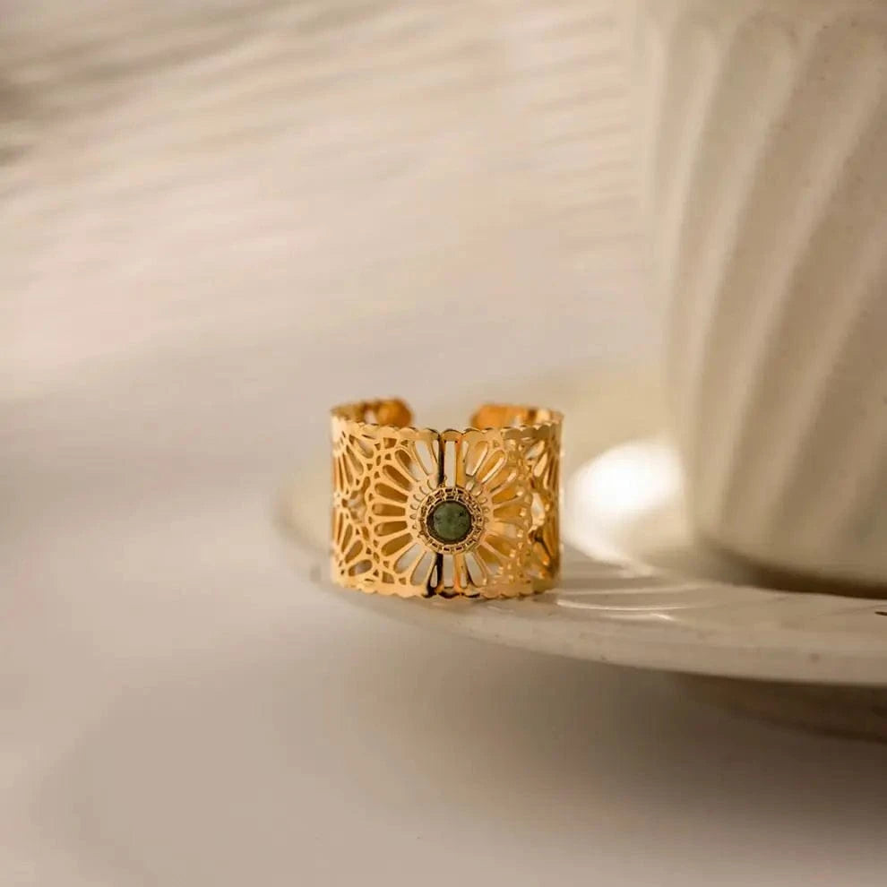 Resizable / R2008 R2008 Trendy Stainless Steel Jewelry Gift Charm 18K Gold Plated Wide Natural Stone Hollow Rings For Women