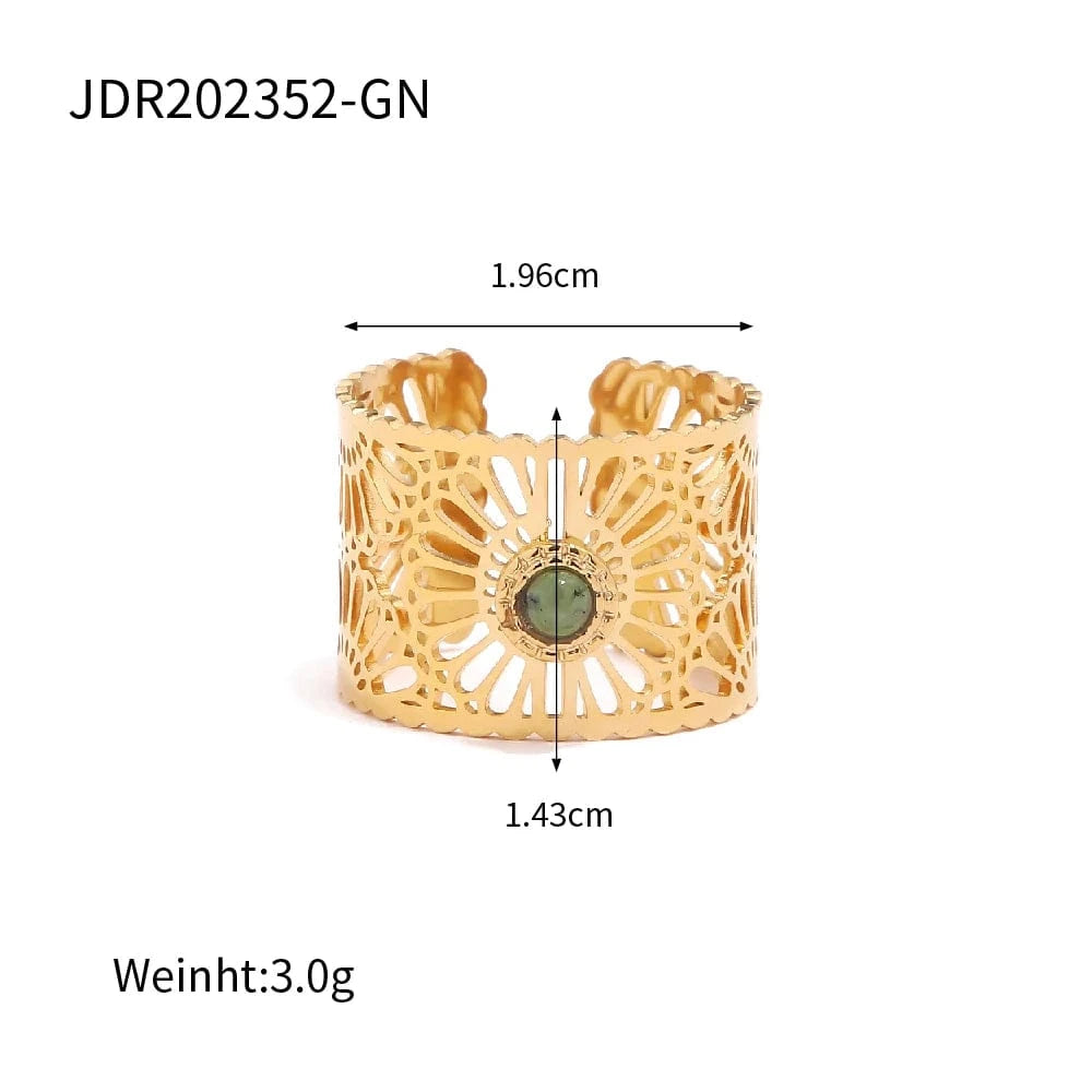 Resizable / R2008 R2008 Trendy Stainless Steel Jewelry Gift Charm 18K Gold Plated Wide Natural Stone Hollow Rings For Women
