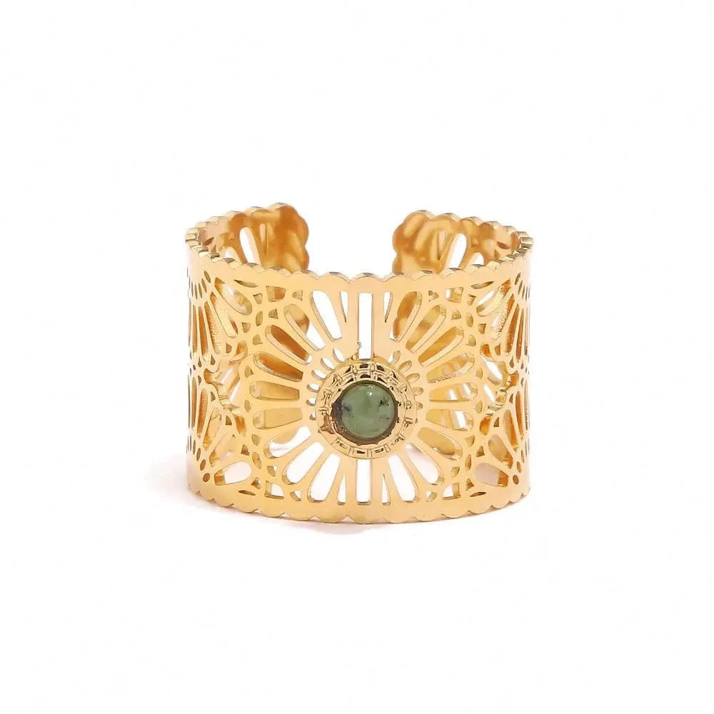 Resizable / R2008 R2008 Trendy Stainless Steel Jewelry Gift Charm 18K Gold Plated Wide Natural Stone Hollow Rings For Women