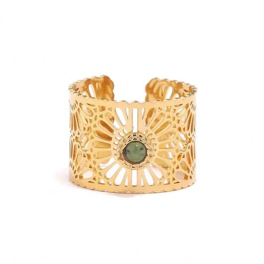 Resizable / R2008 R2008 Trendy Stainless Steel Jewelry Gift Charm 18K Gold Plated Wide Natural Stone Hollow Rings For Women