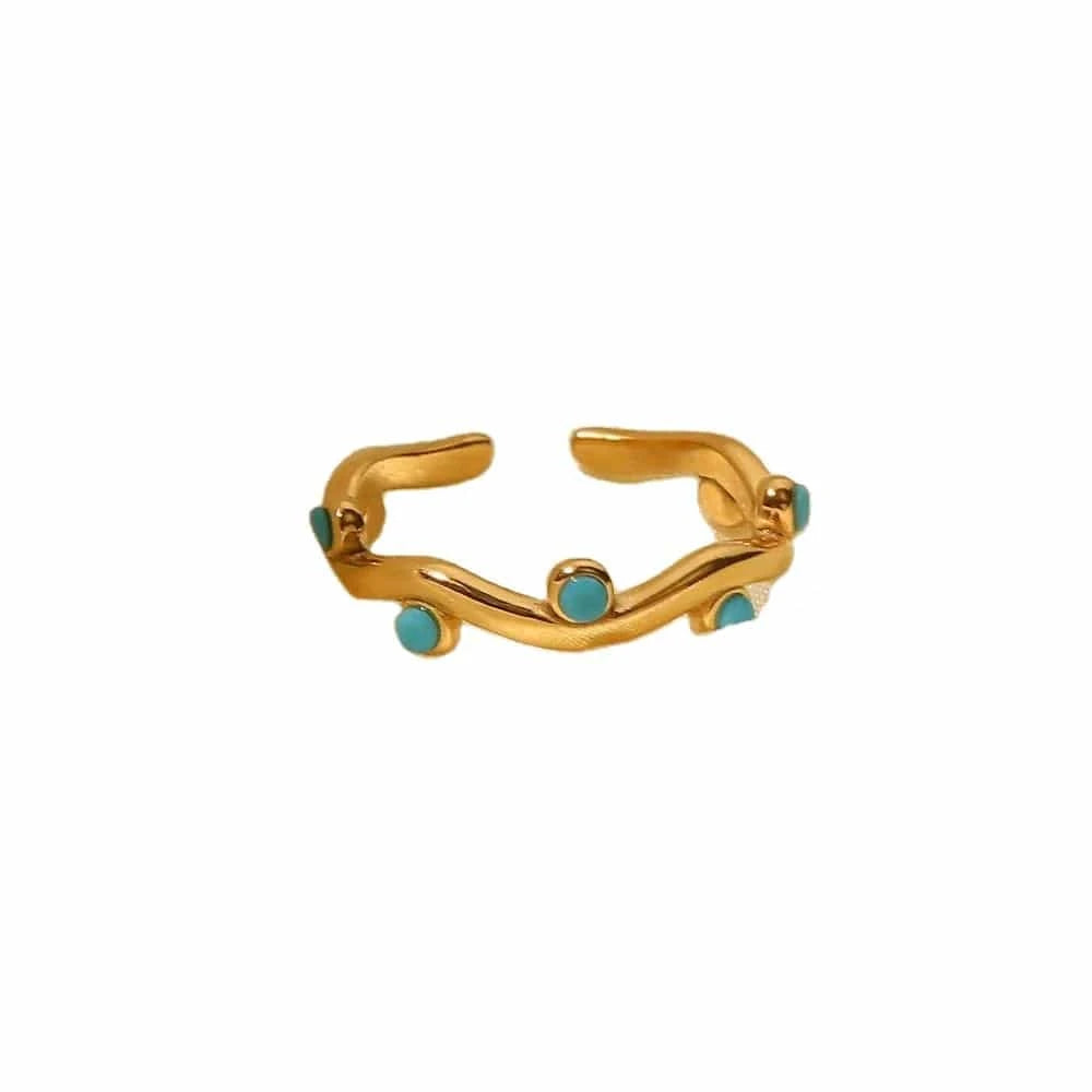 Resizable / R2065 R2065 Dainty 18K Gold Plated Stainless Steel Clear Cubic Zirconia Turquoise Leaf Adjustable Rings