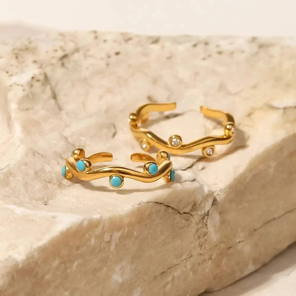 Resizable / R2065 R2065 Dainty 18K Gold Plated Stainless Steel Clear Cubic Zirconia Turquoise Leaf Adjustable Rings