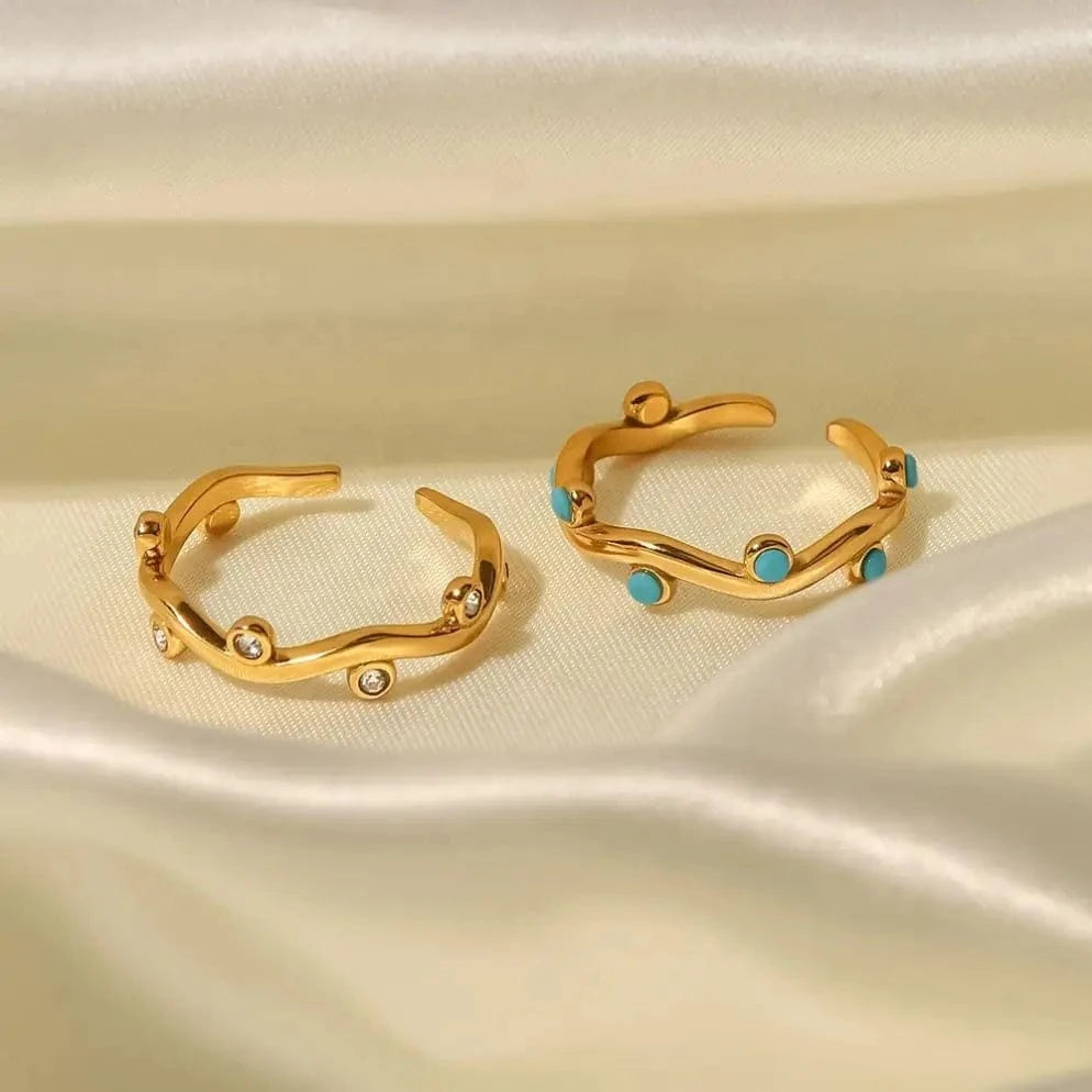 Resizable / R2065 R2065 Dainty 18K Gold Plated Stainless Steel Clear Cubic Zirconia Turquoise Leaf Adjustable Rings