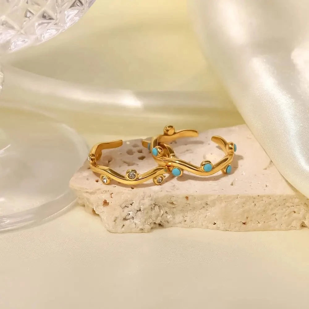 Resizable / R2065 R2065 Dainty 18K Gold Plated Stainless Steel Clear Cubic Zirconia Turquoise Leaf Adjustable Rings