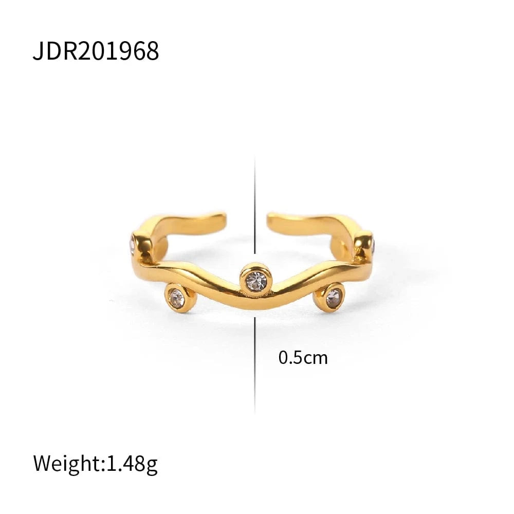 Resizable / R2065 R2065 Dainty 18K Gold Plated Stainless Steel Clear Cubic Zirconia Turquoise Leaf Adjustable Rings