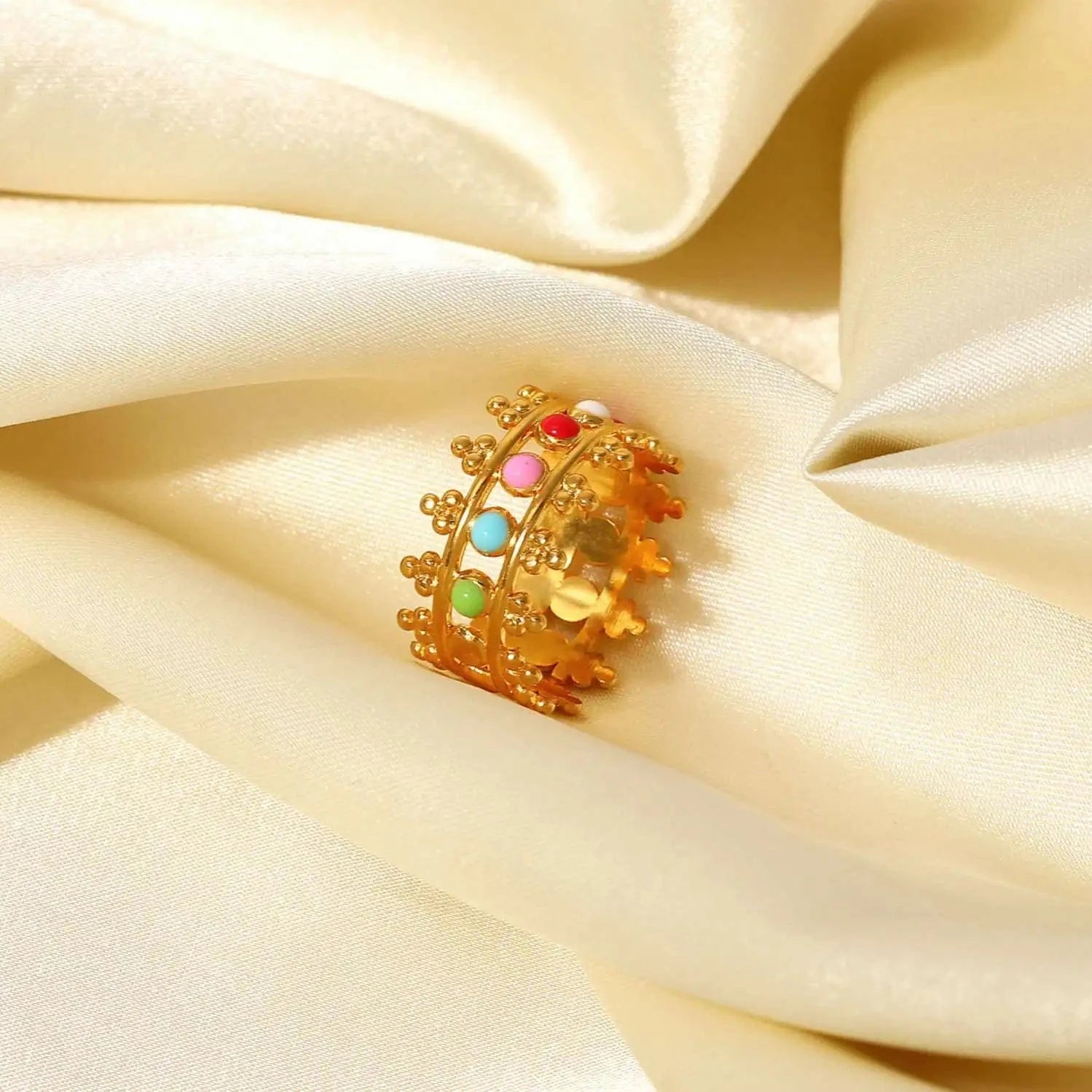 Resizable / R2087 R2087 INS Colorful Crown Stainless Steel 18k Gold Plated Oil Driping Enamel Jewelry Waterproof Wide Band Rings Women