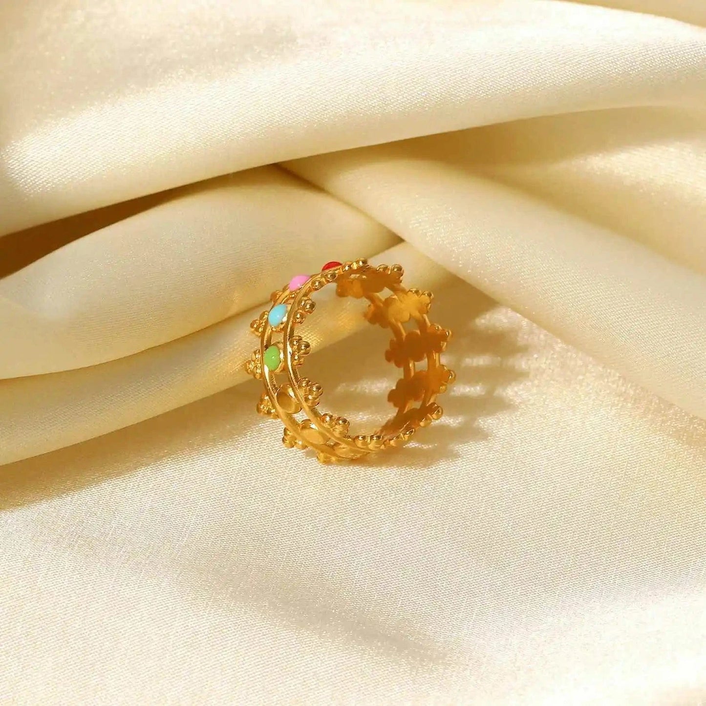 Resizable / R2087 R2087 INS Colorful Crown Stainless Steel 18k Gold Plated Oil Driping Enamel Jewelry Waterproof Wide Band Rings Women