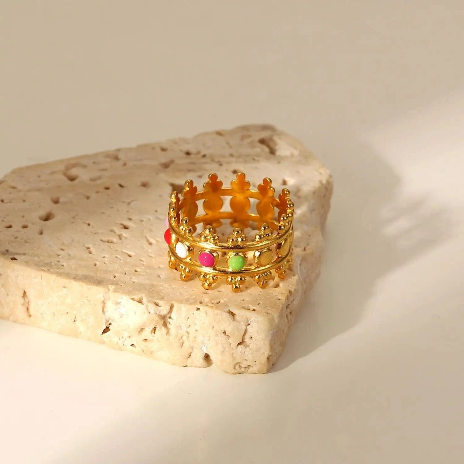 Resizable / R2087 R2087 INS Colorful Crown Stainless Steel 18k Gold Plated Oil Driping Enamel Jewelry Waterproof Wide Band Rings Women