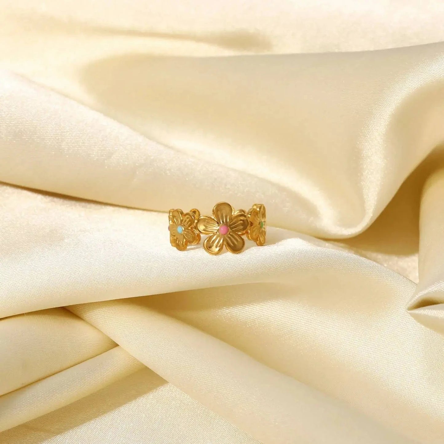 Resizable / R2099 R2099 Stainless Steel 18k Gold Plated Oil Driping Enamel Jewelry Colorful Flower Finger Rings