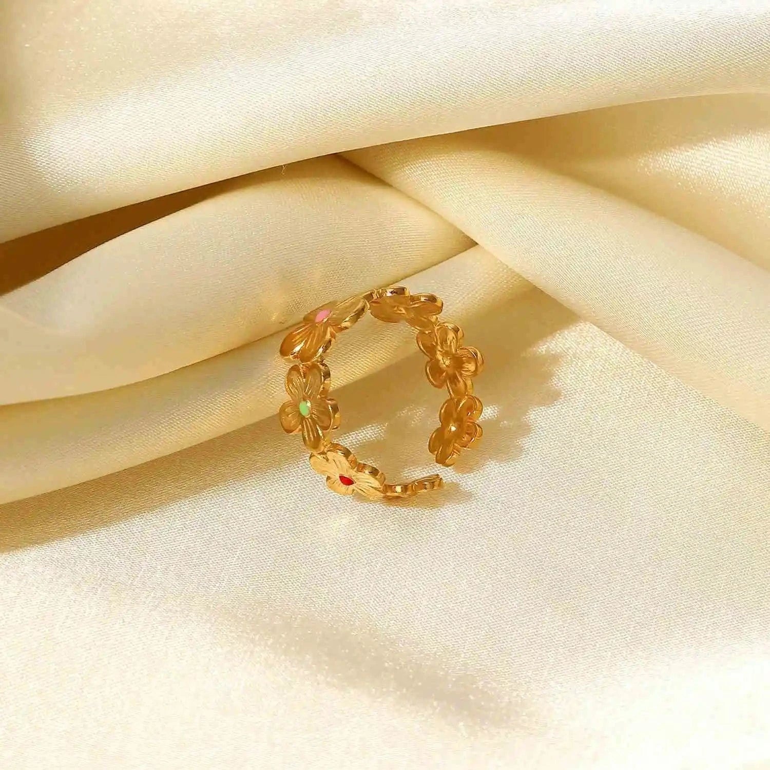 Resizable / R2099 R2099 Stainless Steel 18k Gold Plated Oil Driping Enamel Jewelry Colorful Flower Finger Rings