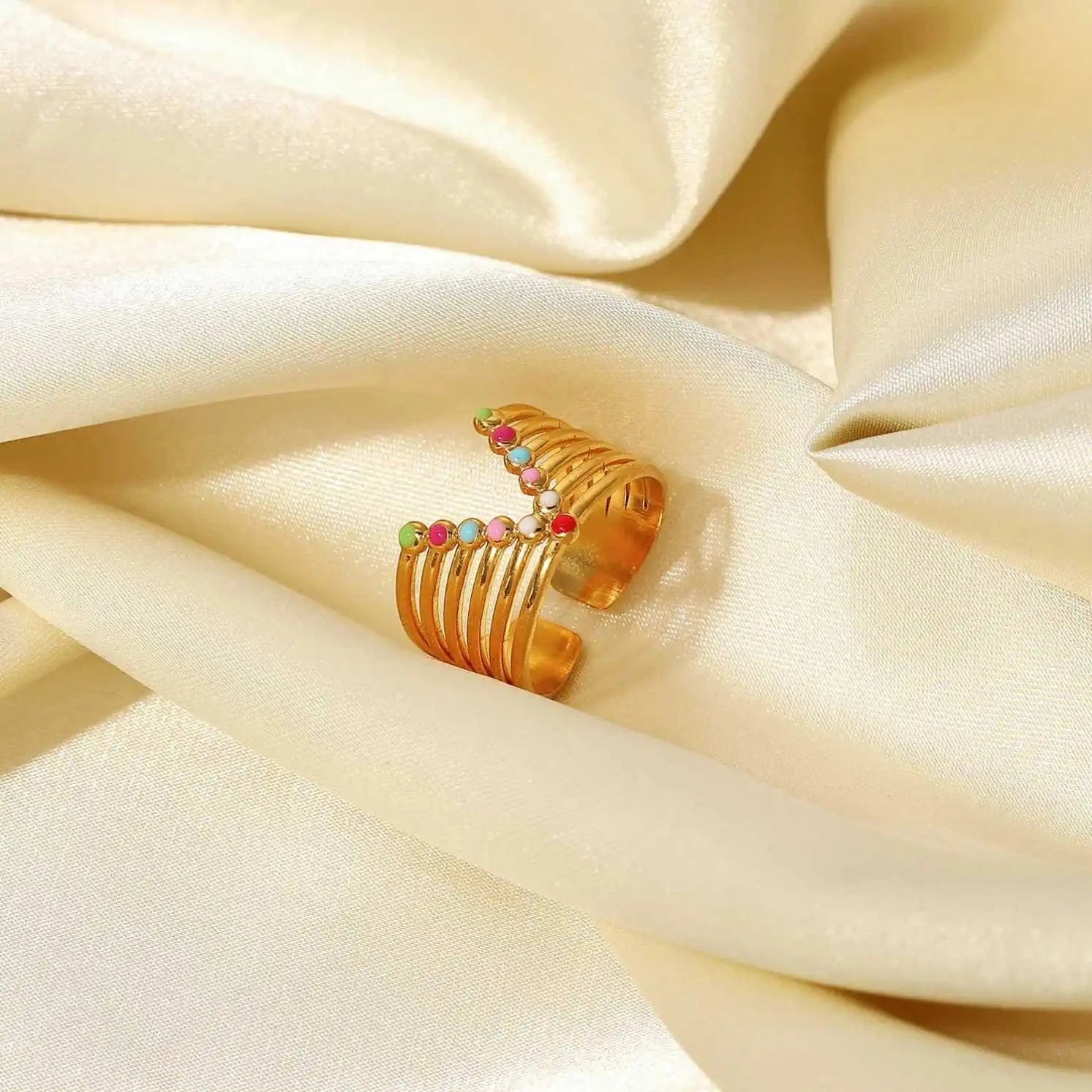 Resizable / R2100 R2100 Stainless Steel 18k Gold Plated Jewelry Gift Colorful  Enamel Wide V-Shaped Rings