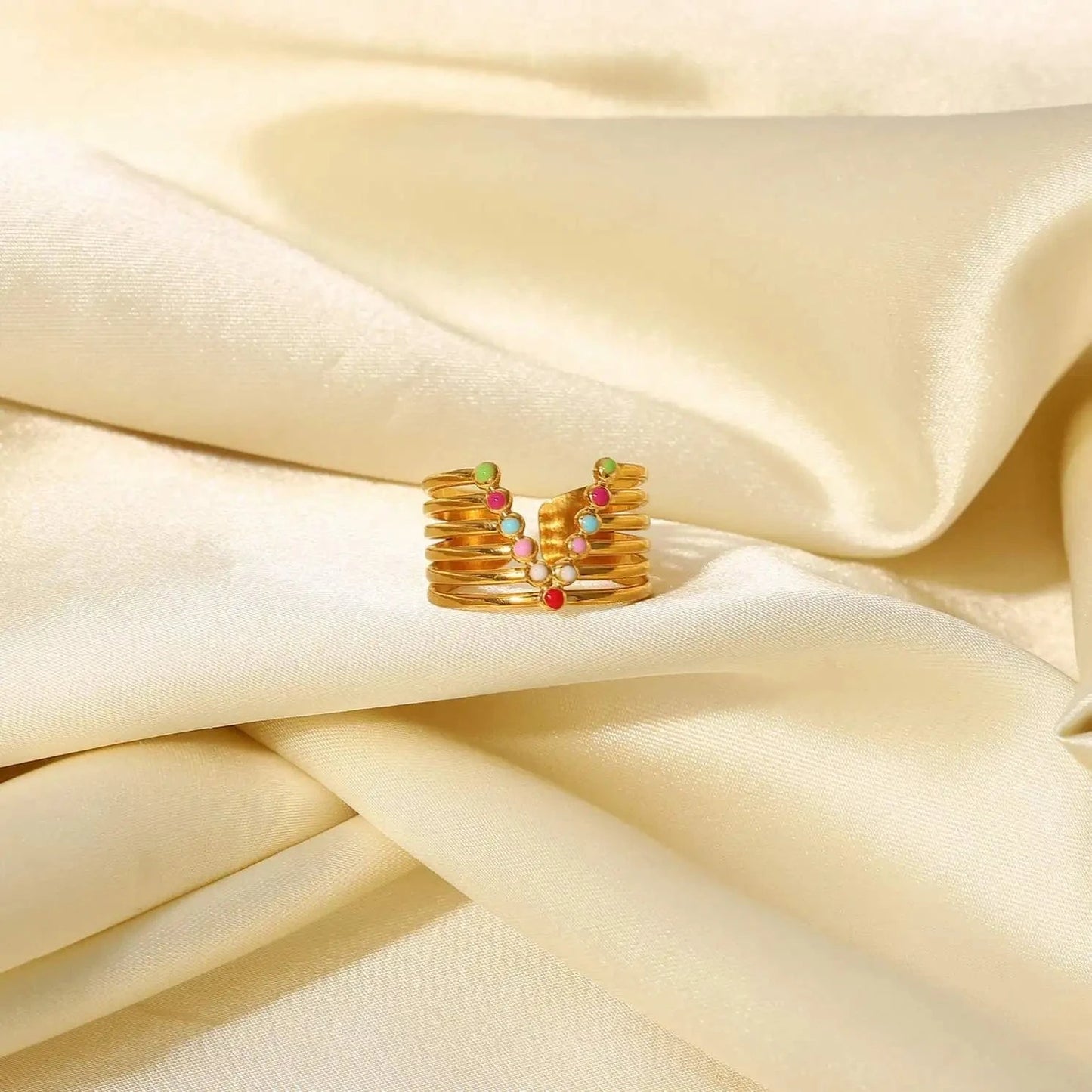 Resizable / R2100 R2100 Stainless Steel 18k Gold Plated Jewelry Gift Colorful  Enamel Wide V-Shaped Rings