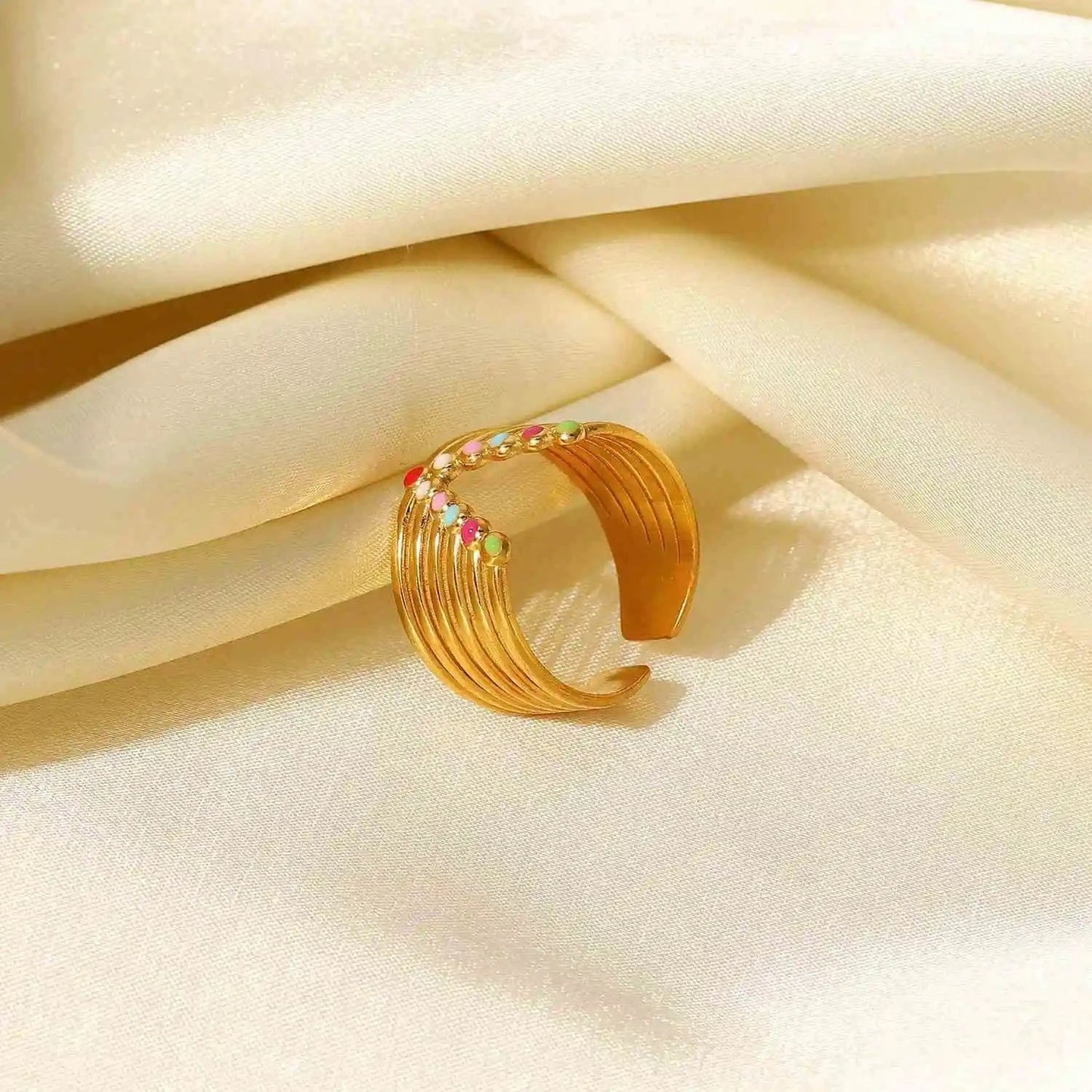 Resizable / R2100 R2100 Stainless Steel 18k Gold Plated Jewelry Gift Colorful  Enamel Wide V-Shaped Rings
