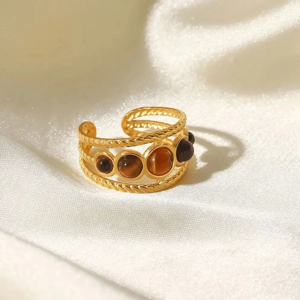 Resizable / R2112 R2112 Trendy Stainless Steel 18K Gold Plated Jewelry Gift Five Tiger-eye Stone Round Hollow Opening Rings for Women