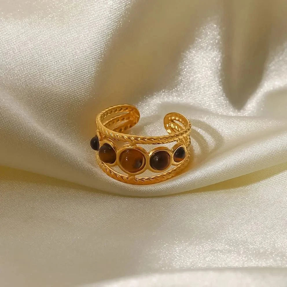 Resizable / R2112 R2112 Trendy Stainless Steel 18K Gold Plated Jewelry Gift Five Tiger-eye Stone Round Hollow Opening Rings for Women
