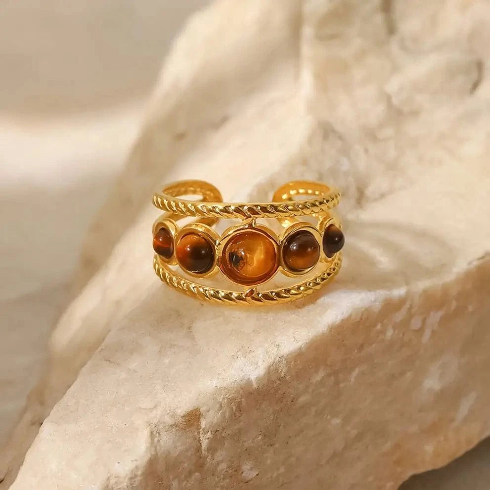 Resizable / R2112 R2112 Trendy Stainless Steel 18K Gold Plated Jewelry Gift Five Tiger-eye Stone Round Hollow Opening Rings for Women