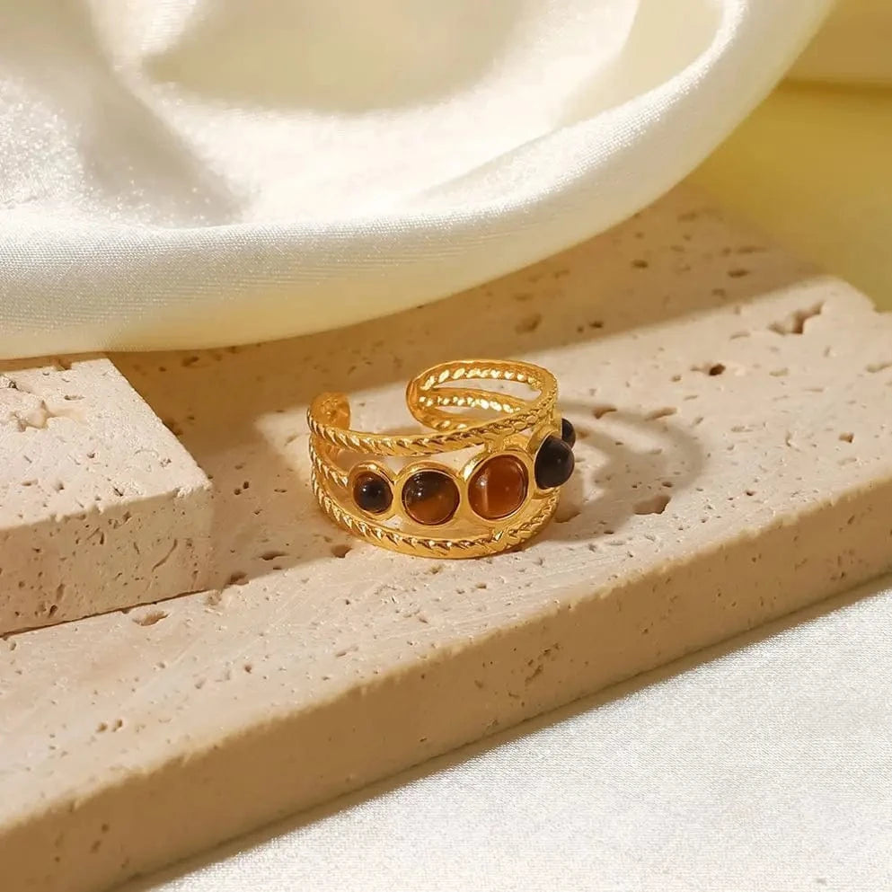 Resizable / R2112 R2112 Trendy Stainless Steel 18K Gold Plated Jewelry Gift Five Tiger-eye Stone Round Hollow Opening Rings for Women