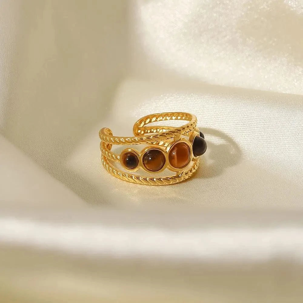 Resizable / R2112 R2112 Trendy Stainless Steel 18K Gold Plated Jewelry Gift Five Tiger-eye Stone Round Hollow Opening Rings for Women