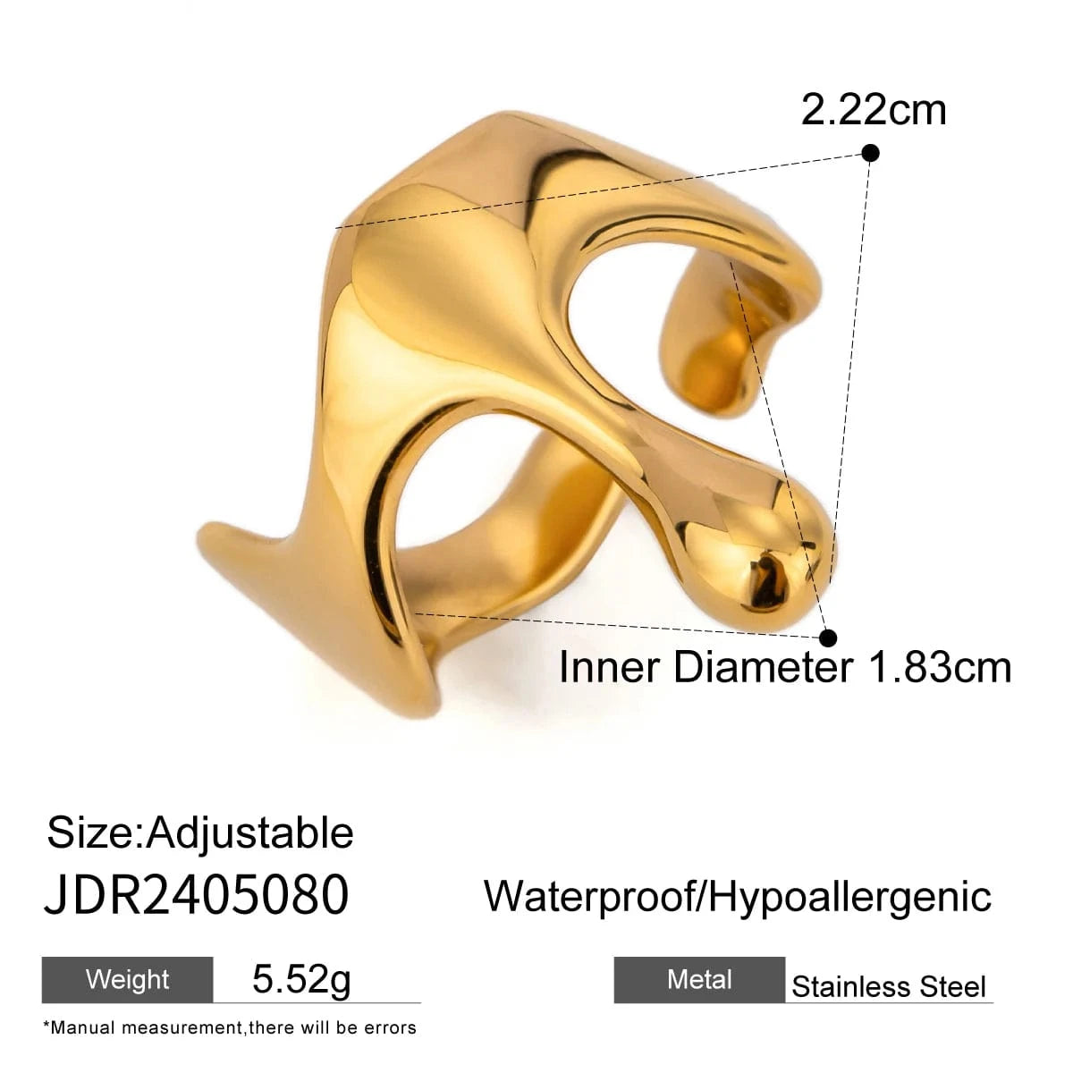 Resizable / R2498 R2498 18K PVD Gold Plated Stainless Steel Liquid Drop OpenTarnish-Free Waterproof Ring Jewelry For Women